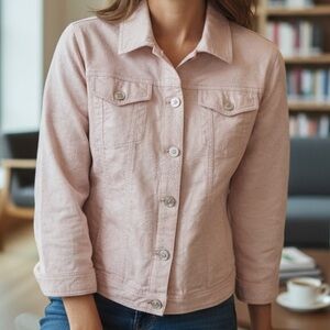 CHICO’S Light Pink Textured Linen size 4  (XXL=20) Blazer Jean jacket 3/4 sleeve